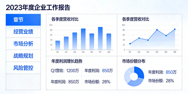 一份包含图表和数据的企业年度工作报告模板预览