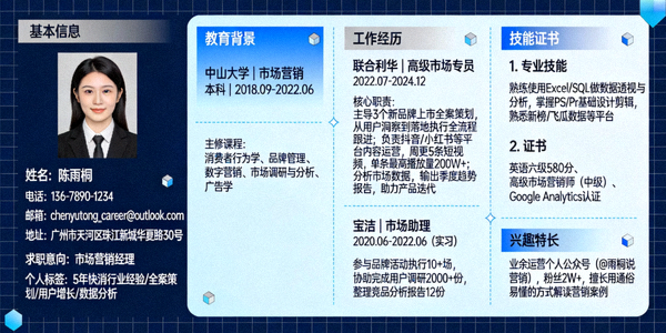 一份专业简洁的蓝色风格个人简历模板预览